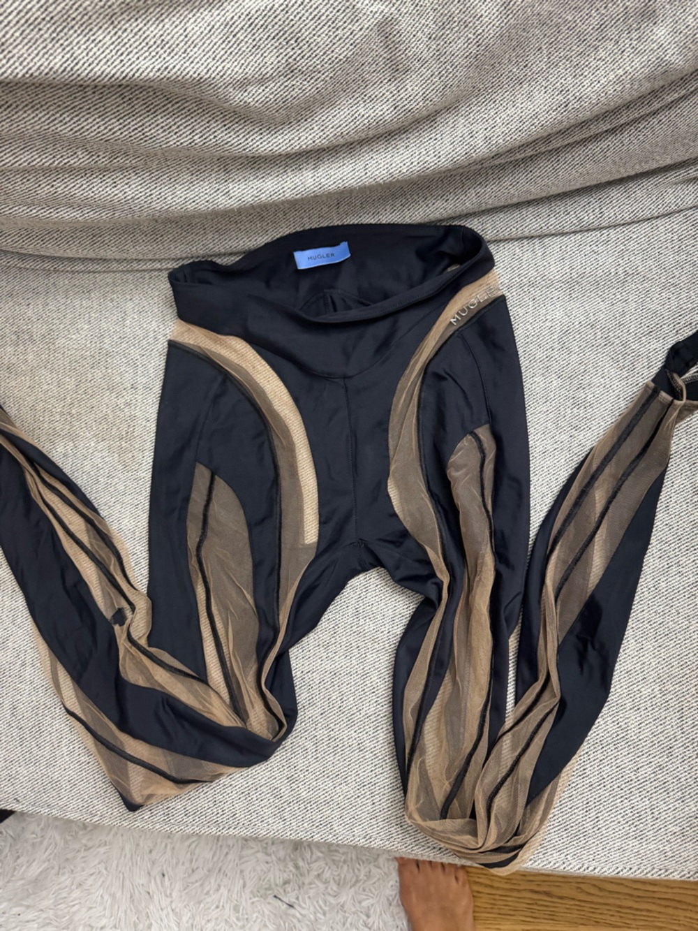 Mugler Black and Tan Long-Sleeve Mesh-Panel Bodysuit
